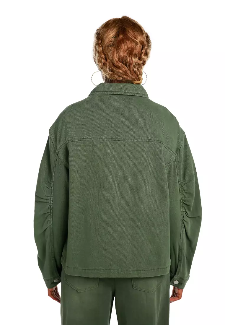 Unisex Army Green Ruched Sleeve Utility Jacket