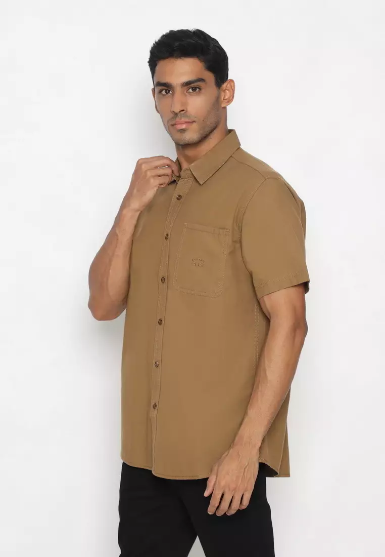POLICE Kemeja Polos Cotton Coklat Regular Fit Pria