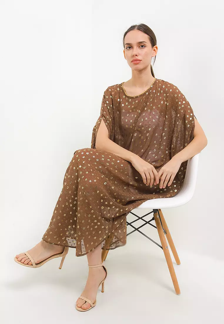 Beaded Neckline Gold Print Swissdot Chiffon Ruched Kaftan