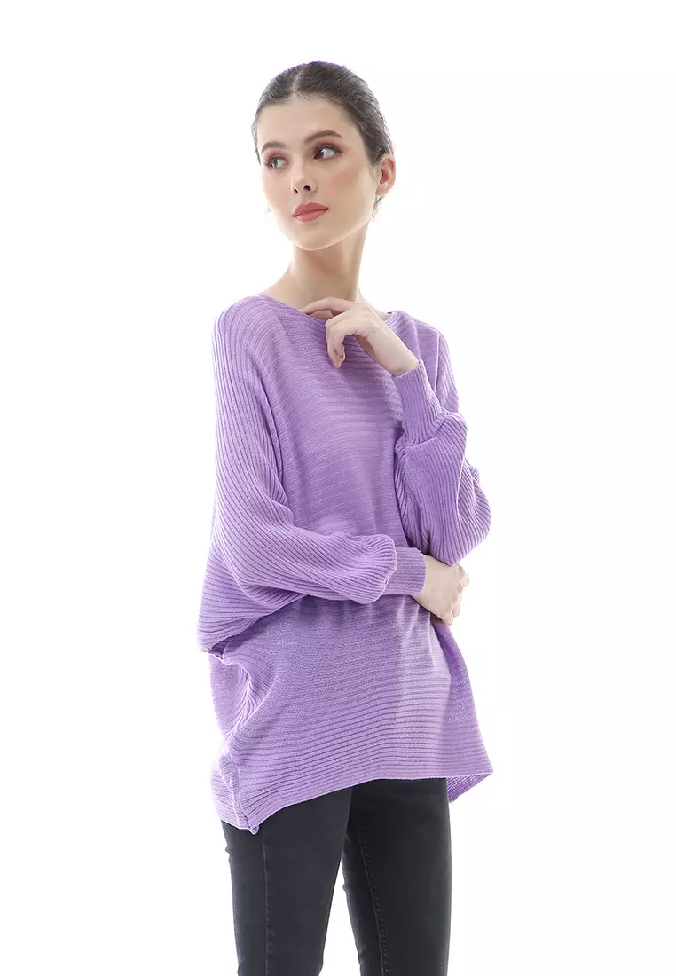 Eveline Sweater Rajut Batwing Atasan Wanita Motif Polos High Quality - Ungu Lilac