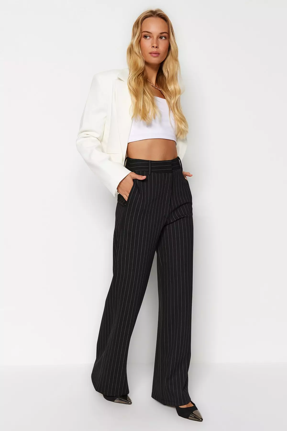 High Waist Striped Straight Trousers