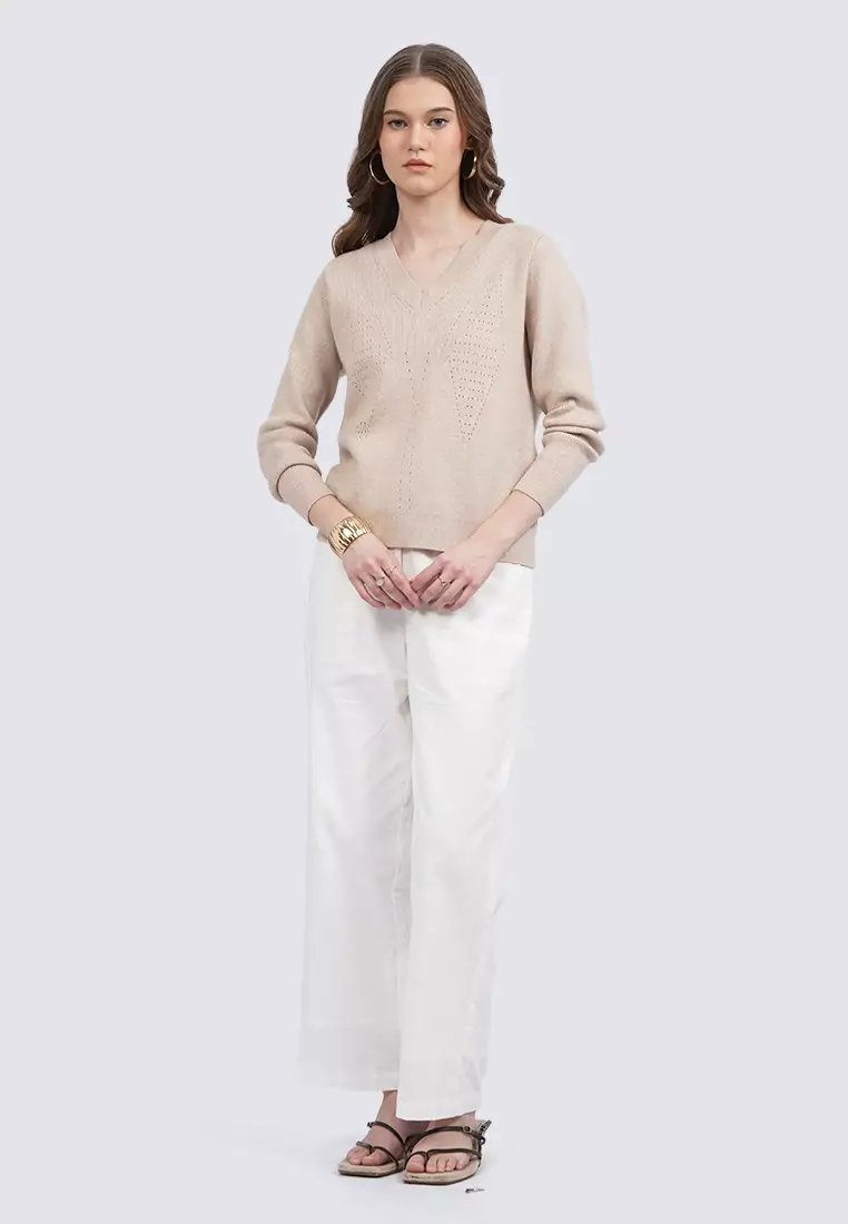 V-Neck Long Sleeve Sweater BEIGE