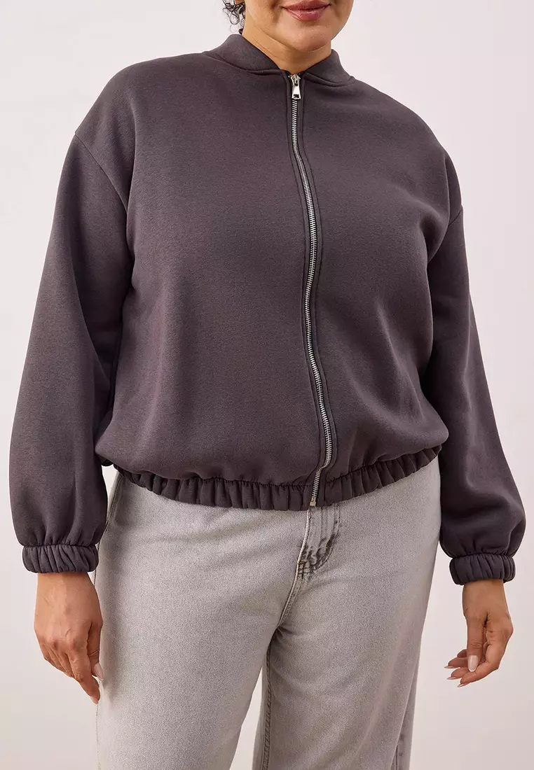 Anthracite Bomber Collar Oversize/Wide Fit Front Zipper Plus Size Sweatshirt Tbbaw26Ao00038