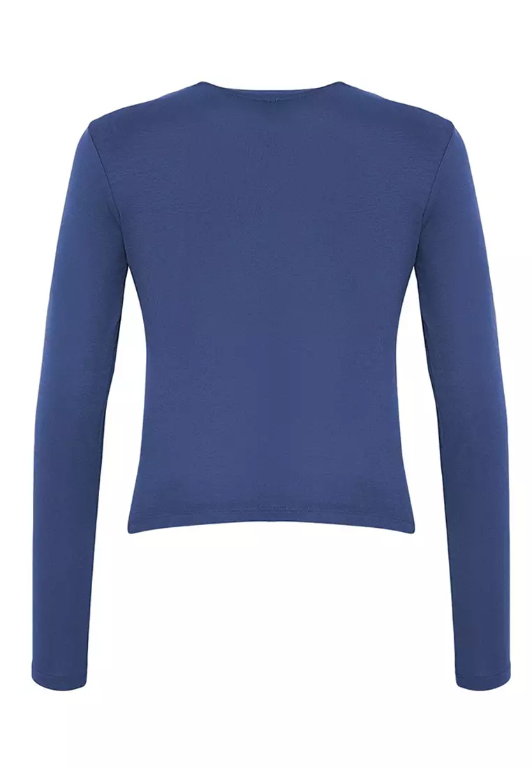 Indigo Crew Neck Crop Flexible Knitted Blouse