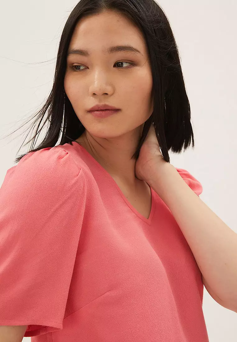 Plain V-Neck Puff Sleeve Top