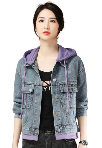 A-IN GIRLS blue and purple Fashion Stitching Hooded Denim Jacket 0D576AA68F4554GS_1