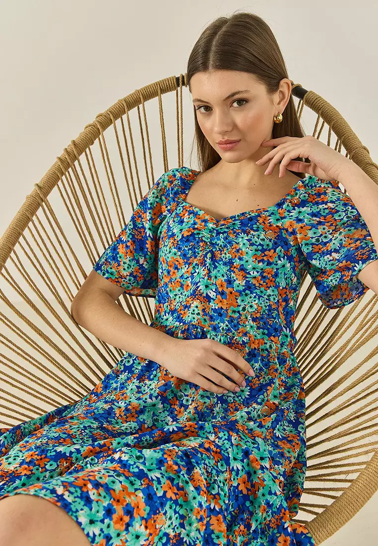 Women's Patterned Carmen Collar Gather Detailed Midi Length Summer Dress 60284046