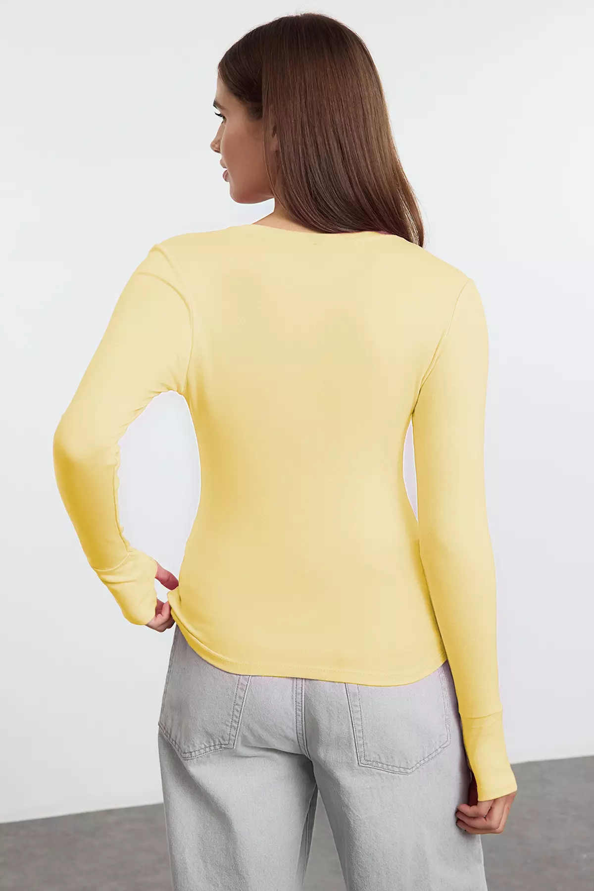 Yellow Viscose/Soft Fabric Finger-Touch Detailed Flexible Knitted Blouse Twoaw25Bz00014