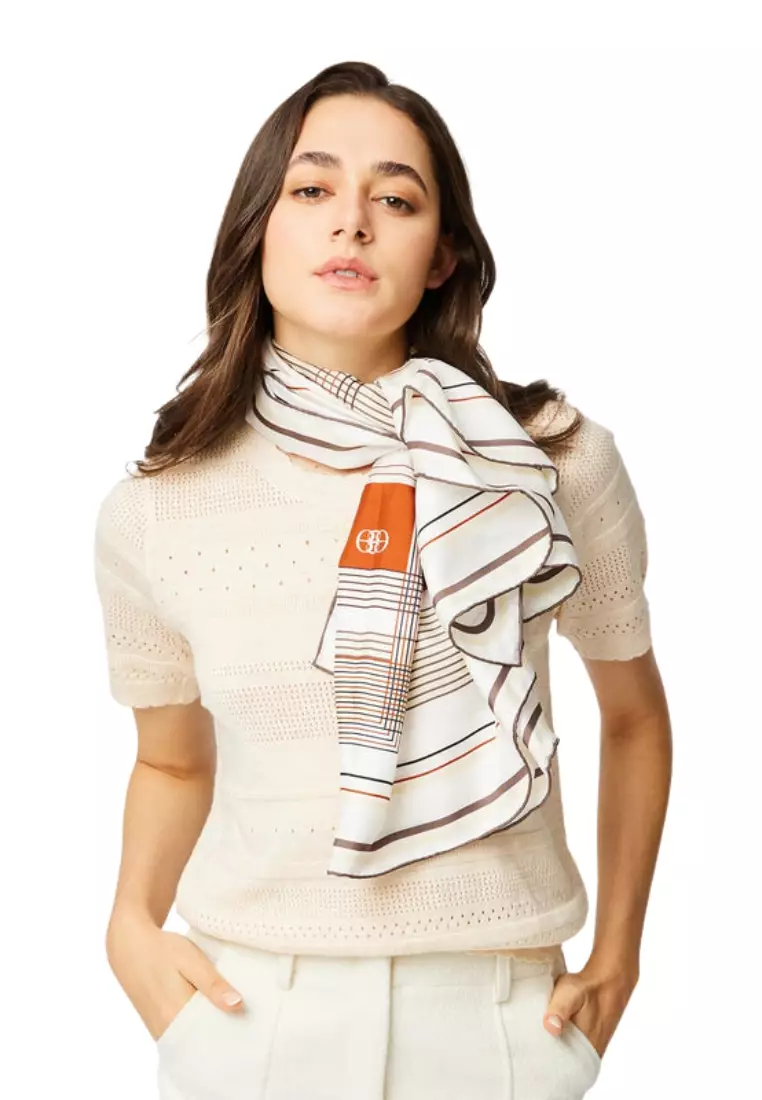 Beige Geometric Twill Silk Scarf
