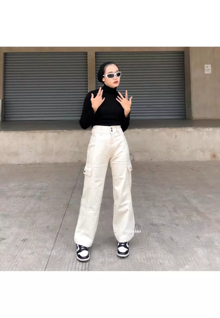 Highwaist Cargo Loose Jeans Khaki 403 HANDS UP