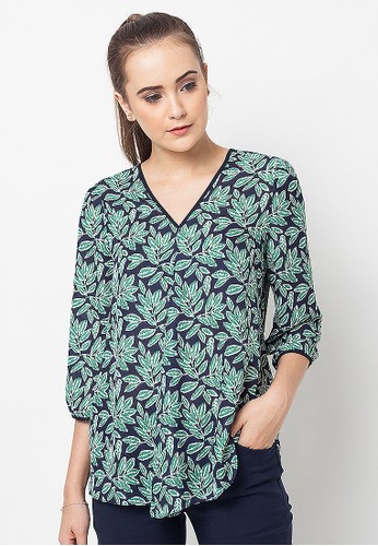 V-neck Leaf printed blouse-Dark Blue