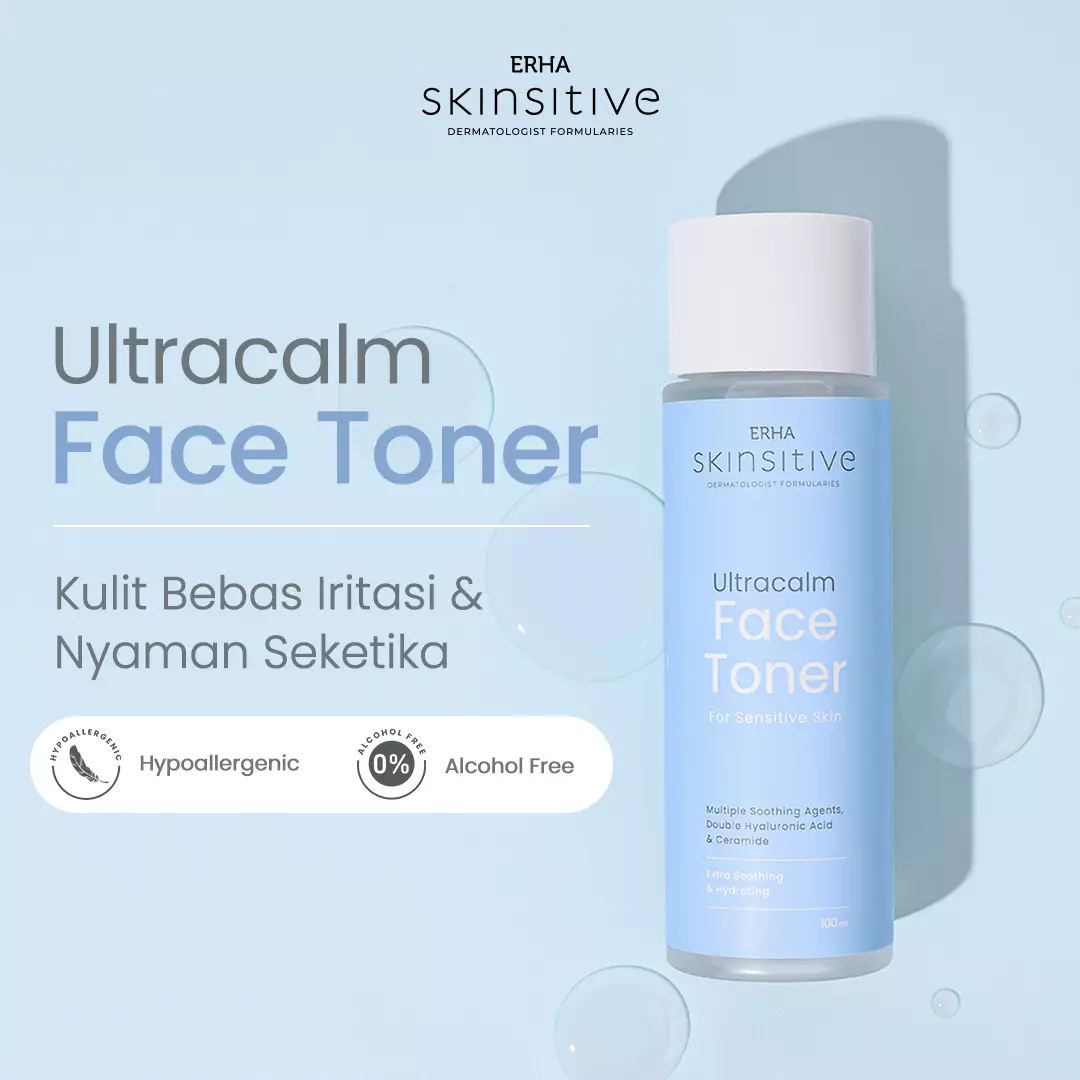 ERHA Skinsitive Ultracalm Face Toner 100g | Hydrating & Calming Toner untuk Semua Jenis Kulit (Normal - Sensitif) | Menenangkan Kulit Kering, Kemerahan, Iritasi | Skin Barrier Lebih Kuat dengan Ceramide, Niacinamide, 7 Calming Agents