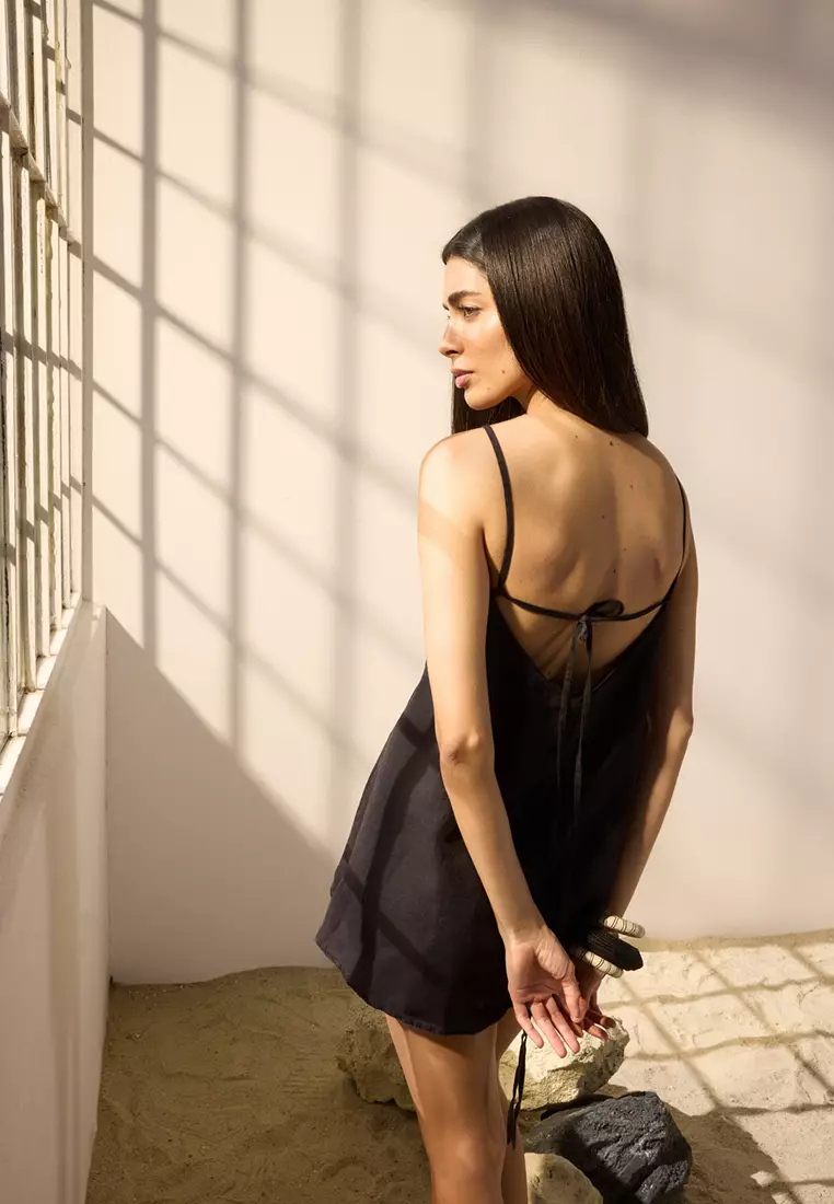 Black Mini Woven 100% Linen Beach Dress TBESS25EL00103