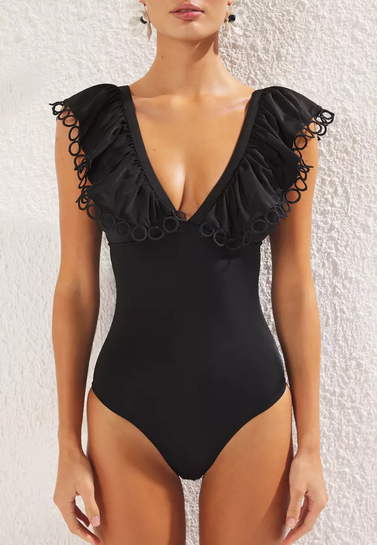 Black V Neck Flounce Regular Swimsuit