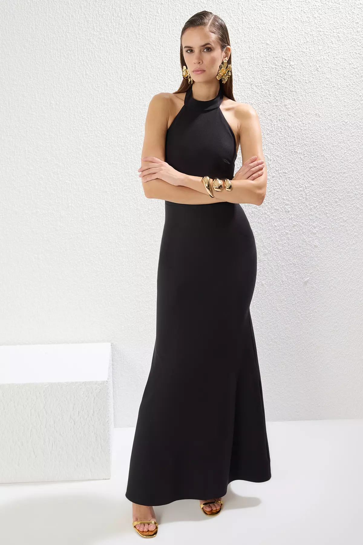 Black Fish Cut Woven Maxi Chic Evening Dress