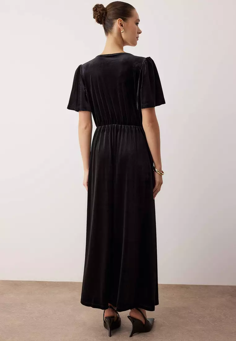 Black Velvet Double Breasted V-Neck Handkerchief Sleeve Plain Midi Knitted Dress Twoaw26El49