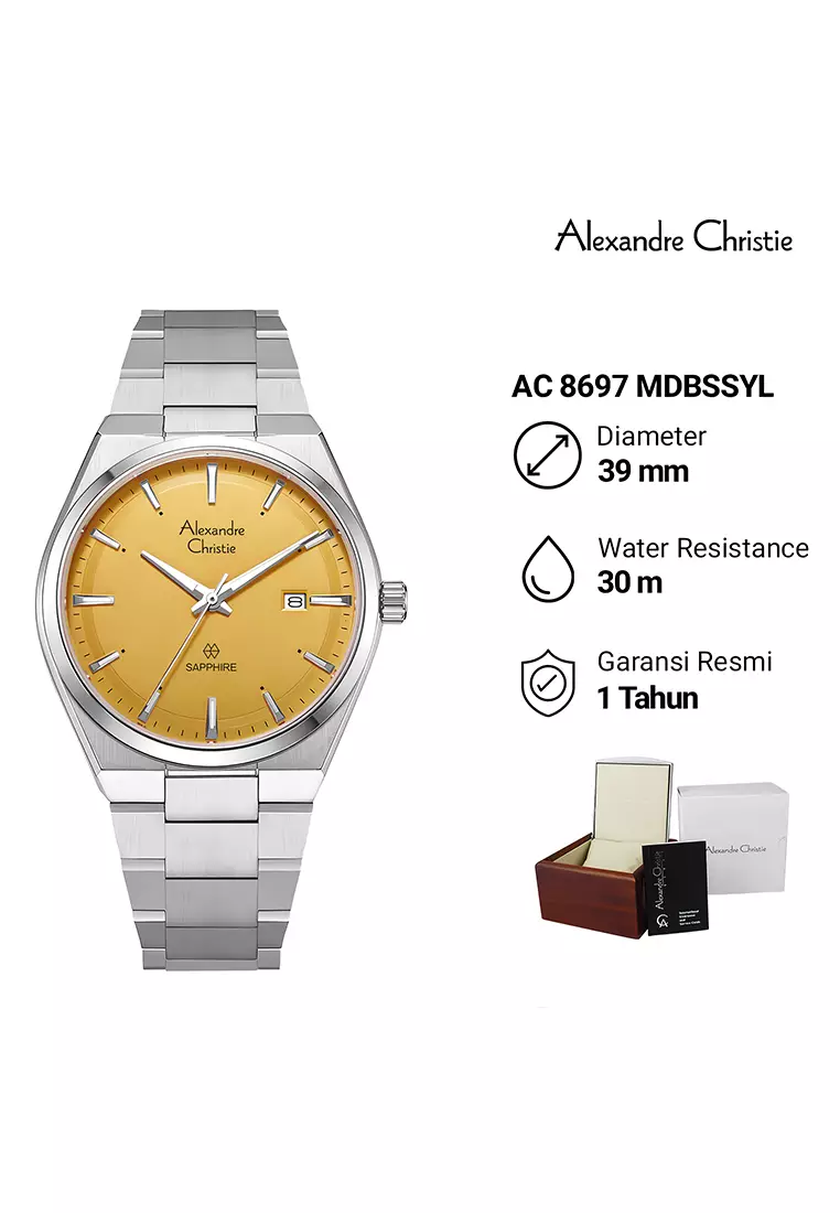 Alexandre Christie Sapphire Jam Tangan Analog Couple Silver Yellow Stainless Steel - 8697MLDBSSYL