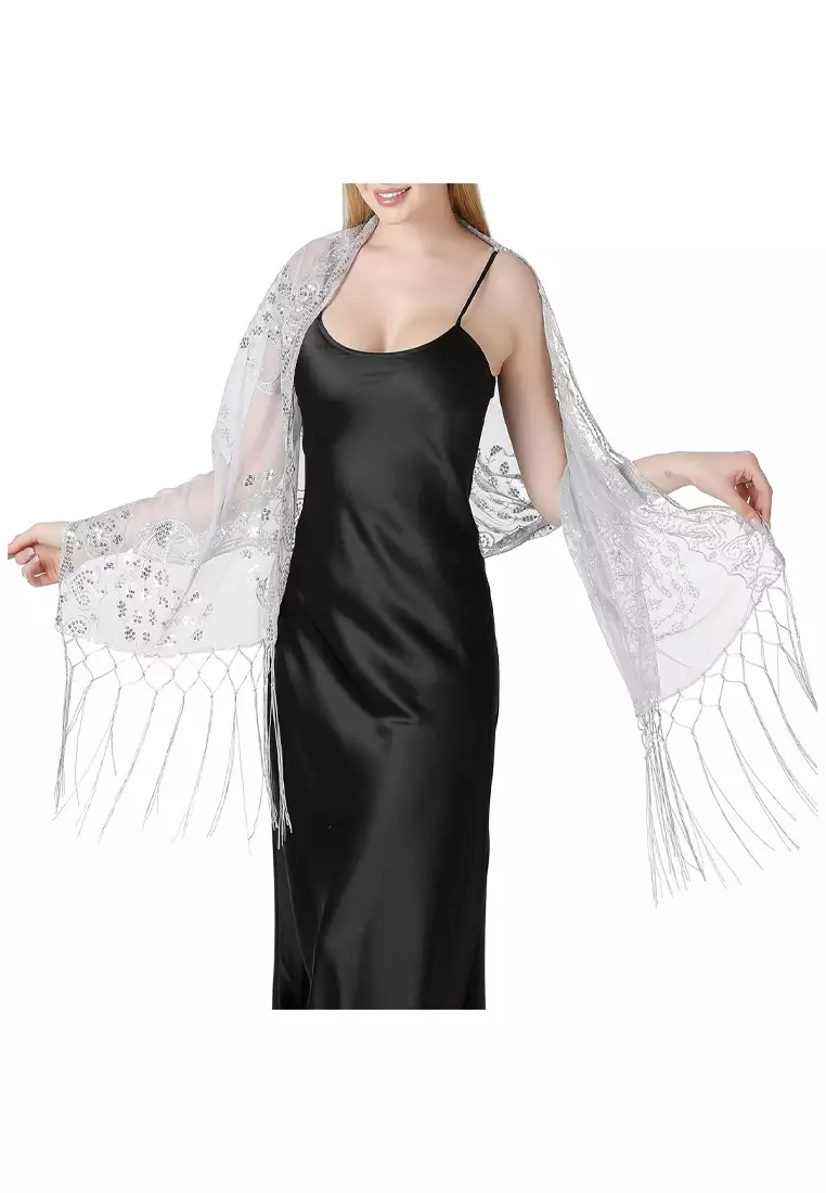 Aksesoris Wanita Peacock Sequin Lace  Fringed Evening Shawl Syal Pesta Wanita Snow White