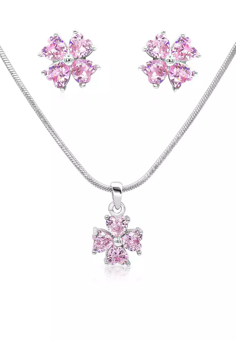 Alette Clover Pink Diamond Simulant Zirconia Pierced Stud Earrings with Pendant Chain Necklace Jewelry Gift Set