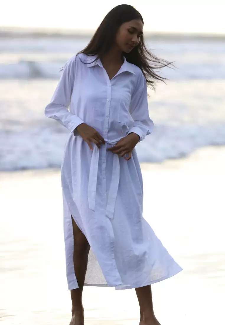 Ayia Dress Panjang Linen Wanita Putih | Linen Long Dress Women White