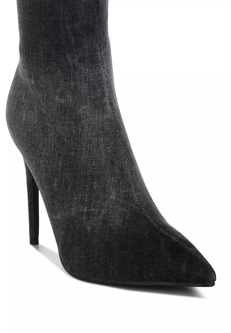 Rhinestones Knee High Denim Boots in Black