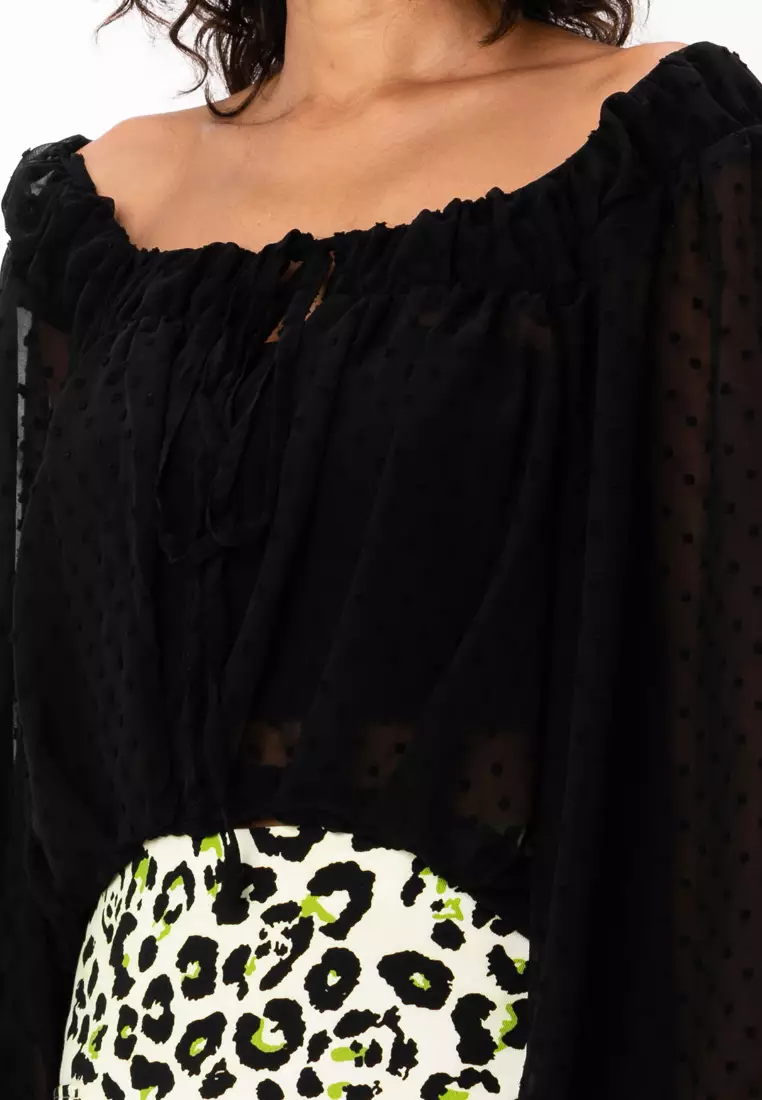 Volume Sleeves Tie Front Dobby Blouse