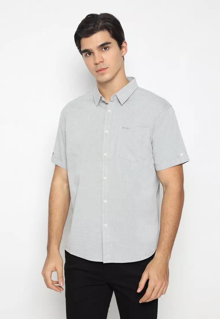 POLICE Kemeja Salur Printing Abu Muda Regular Fit Pria