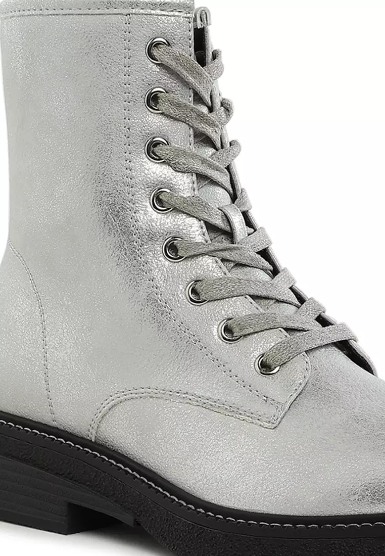 Metallic Texture Lace Up Boots in Silver