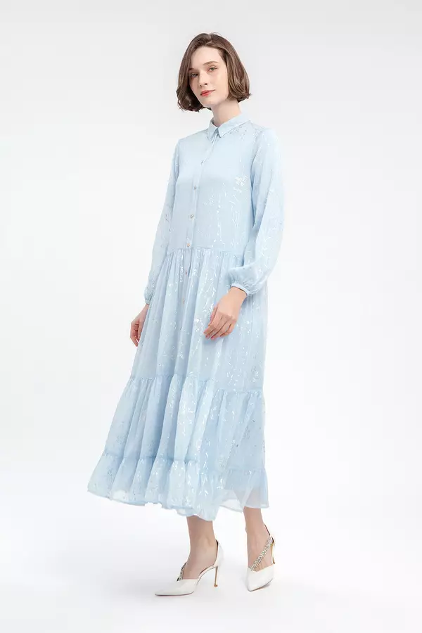 MINIMAL - Triny - Gaun Ruffle Bunga Metalik - Blue Colour Blue_Light