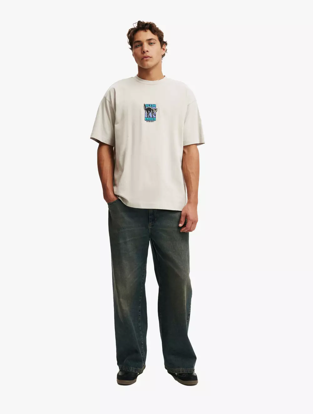 COTTON ON - ATASAN - BOX FIT GRAPHIC T-SHIRT - SMOKE/GOOD LUCK