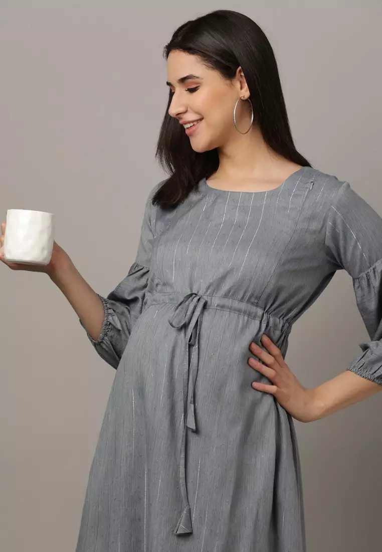 Arona Grey Shimmer Stripes Maternity And Nursing Dress