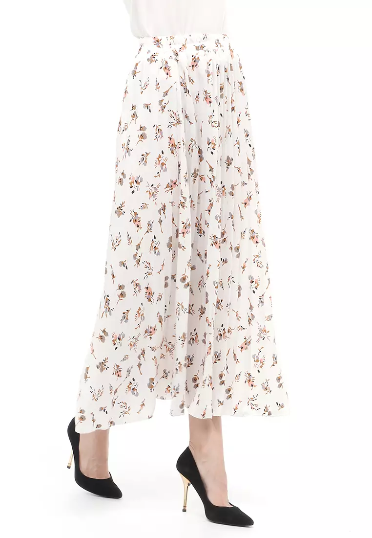 Rok Plisket Motif Print Design Vintage Rubbery Waist Bawahan Wanita - Daily Putih