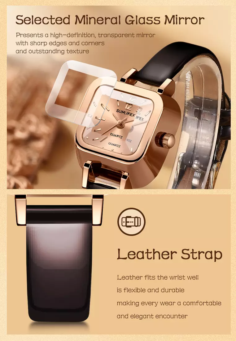 Jam Tangan Wanita 3344 Korea Antik Persegi Mini Tali Kulit Jam Tangan Cewek Original Brown