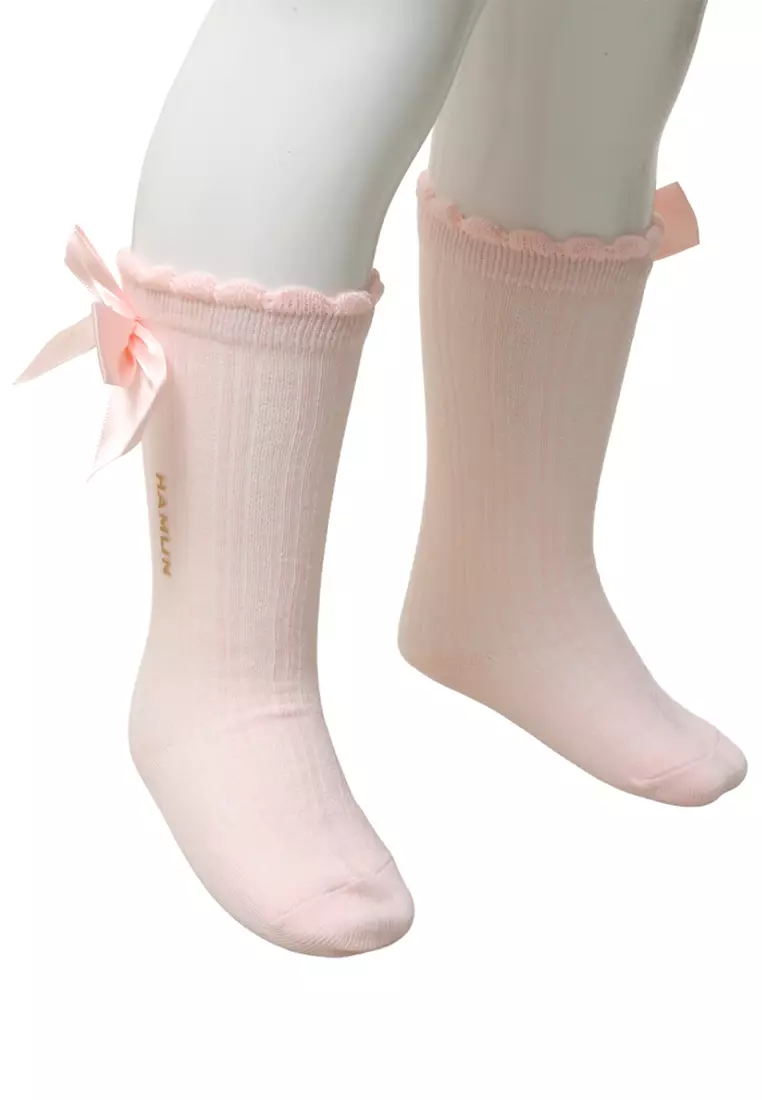 Candie Kaos Kaki Panjang Anak Perempuan Desain Pita Kids Socks Anti Slip Material Cotton ORIGINAL - Pink