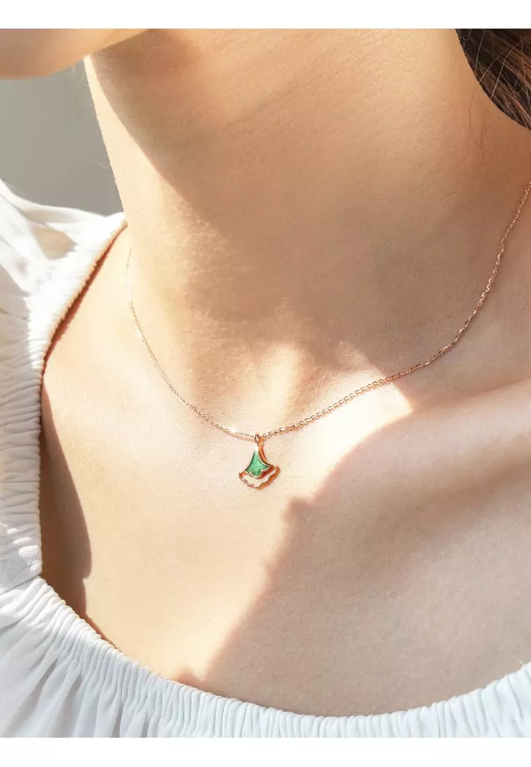 Delicate Gold 18K Rose Gold & Green Enamel Gingko Leaf Necklace for Women 92255N