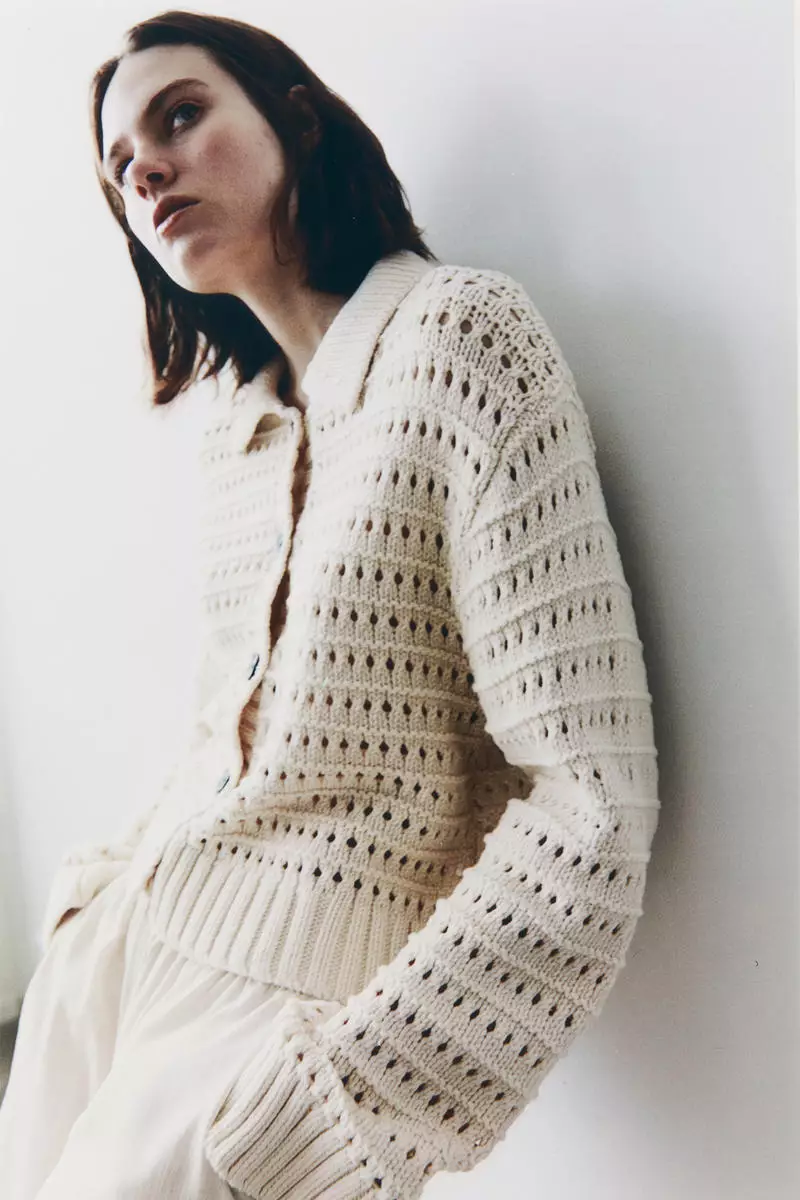 Hole-knit collared cardigan