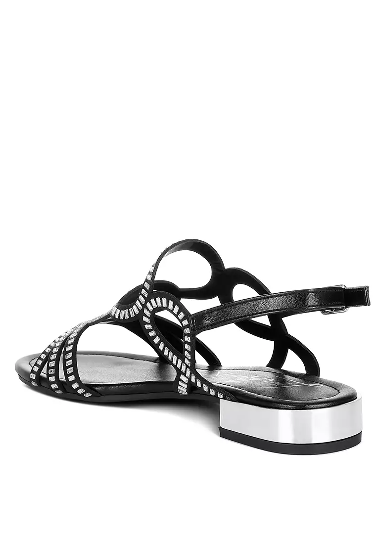 Cut Out Detail Rhinestone Flat Sandals in Black