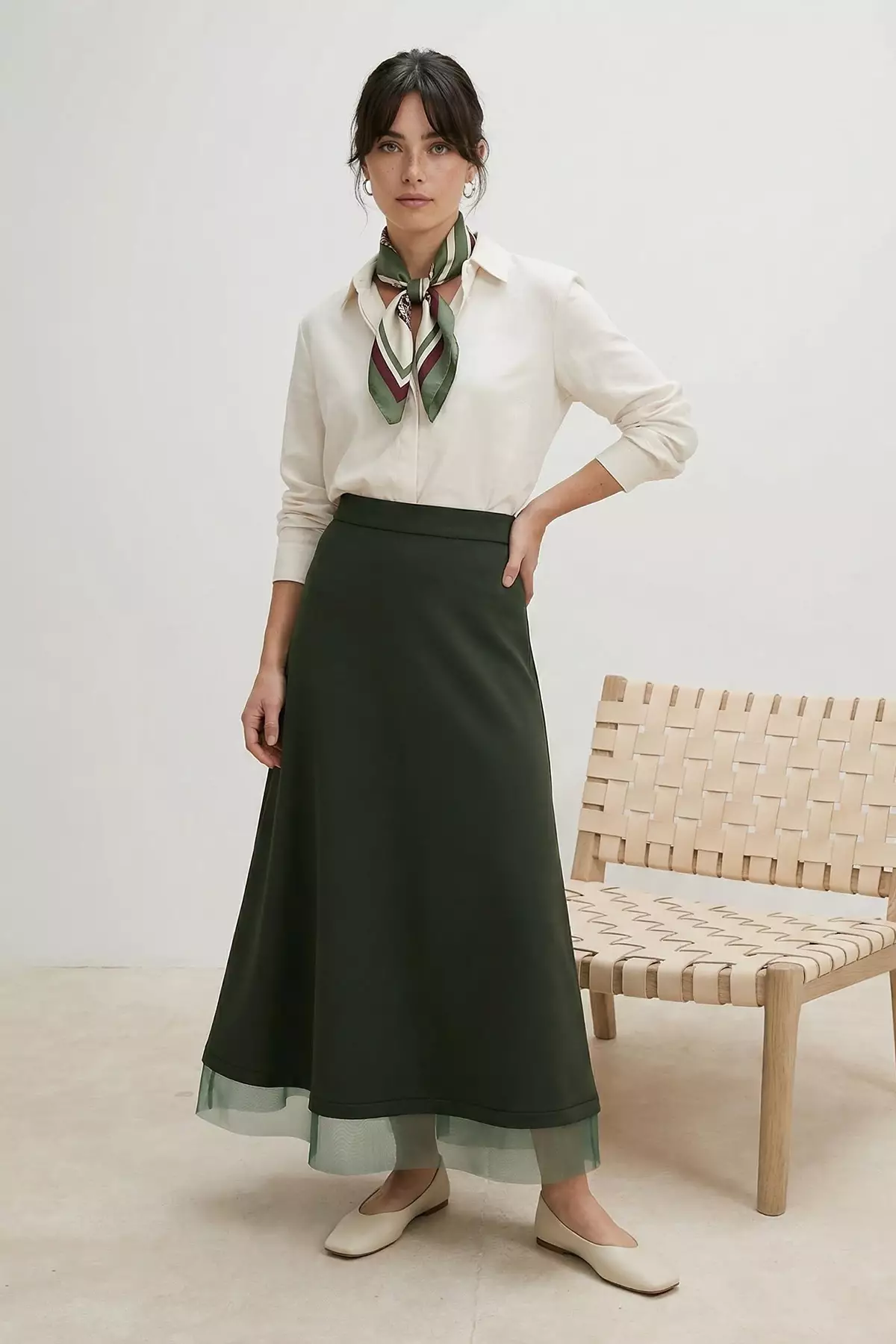 Khaki Unlined Plain Knitted Hem Tulle Detailed Hijab Skirt Tctss26Ee00001