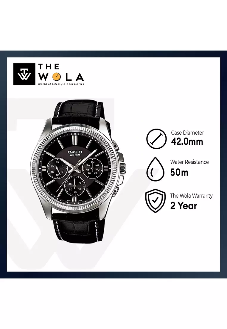 Men's Analog Watch MTP-1375L-1AV Black Genuine Leather Band Watch for mens