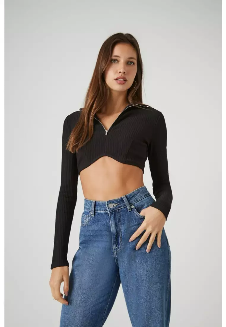 Forever 21 black long sleeve crop top on sale
