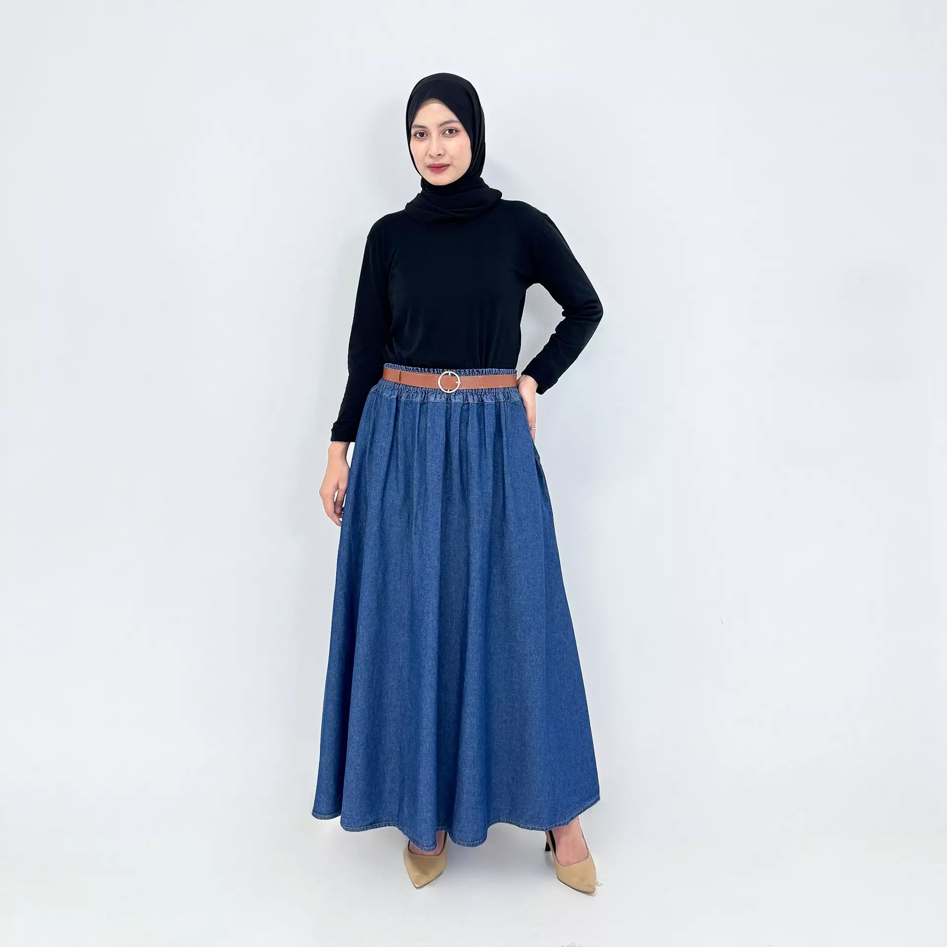 Rok Panjang Jeans Wanita - Audrey Maxi Skirt FREE BELT