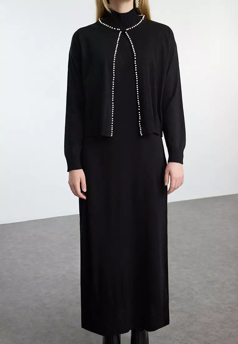 Black Pearl Knitted Dress Cardigan Set TCTAW25US00040