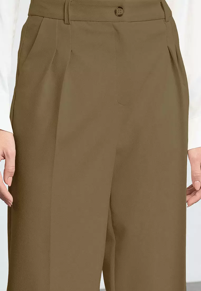 Khaki Pleated Wide Leg Trousers TWOAW25PL00109