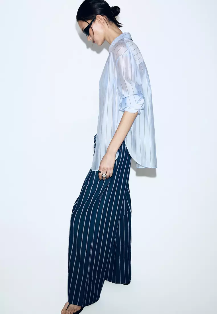 Turn-Up Hem Striped Trousers