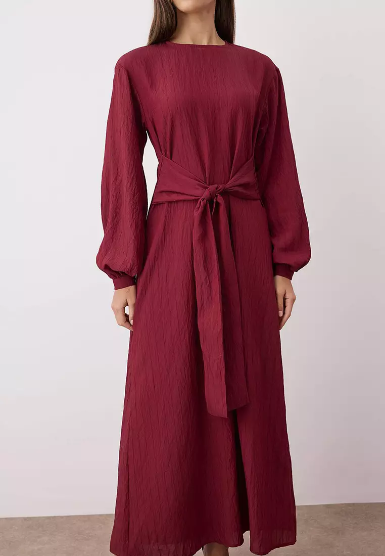Burgundy Tie-Front Unlined Woven Dress