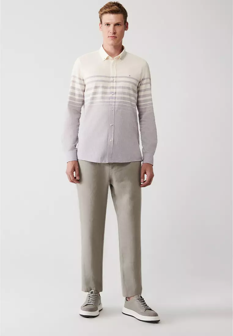 Men's Light Purple Cotton Linen Blended Striped Shirt A31Y2268