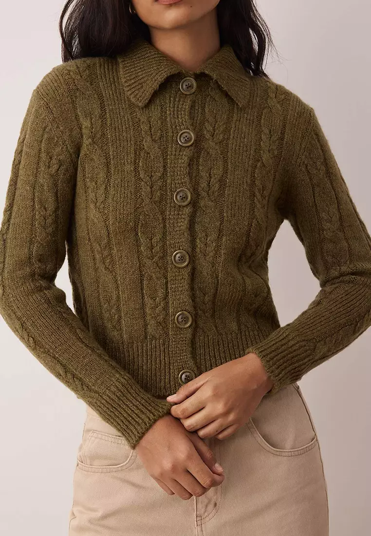 Khaki Hair Knitted Soft Textured Knitwear Cardigan Twoaw26Hi00230