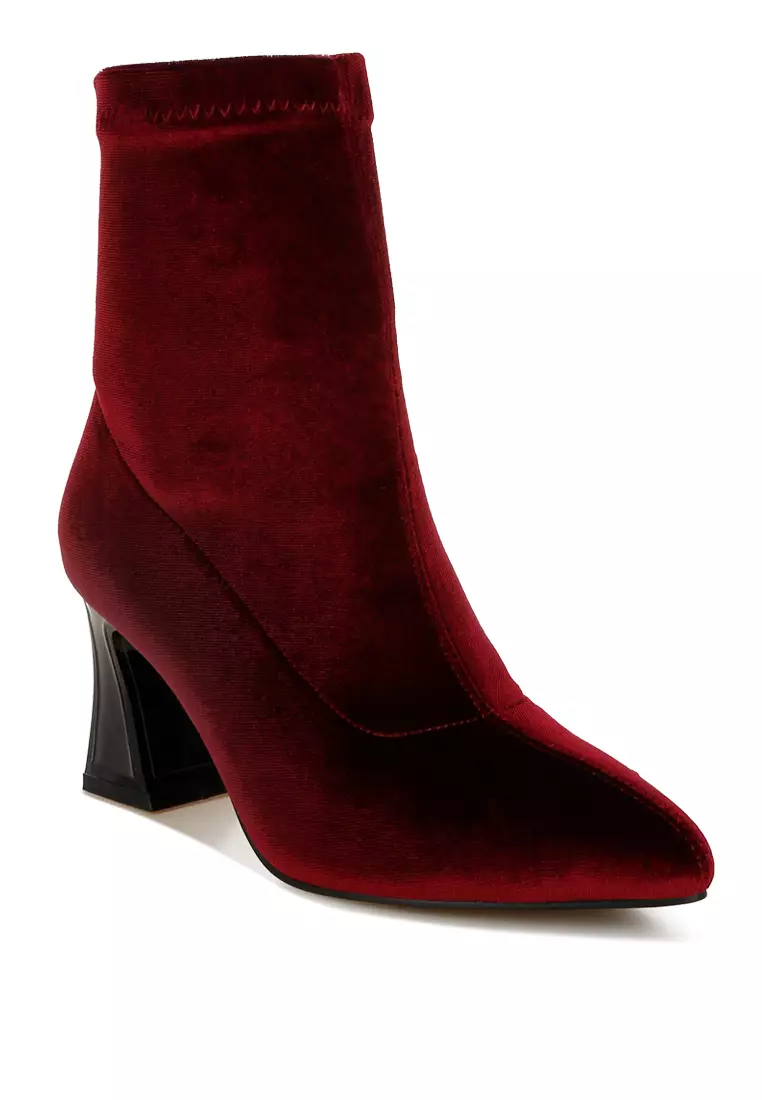 Burgundy Flared Block Heel Velvet Boots