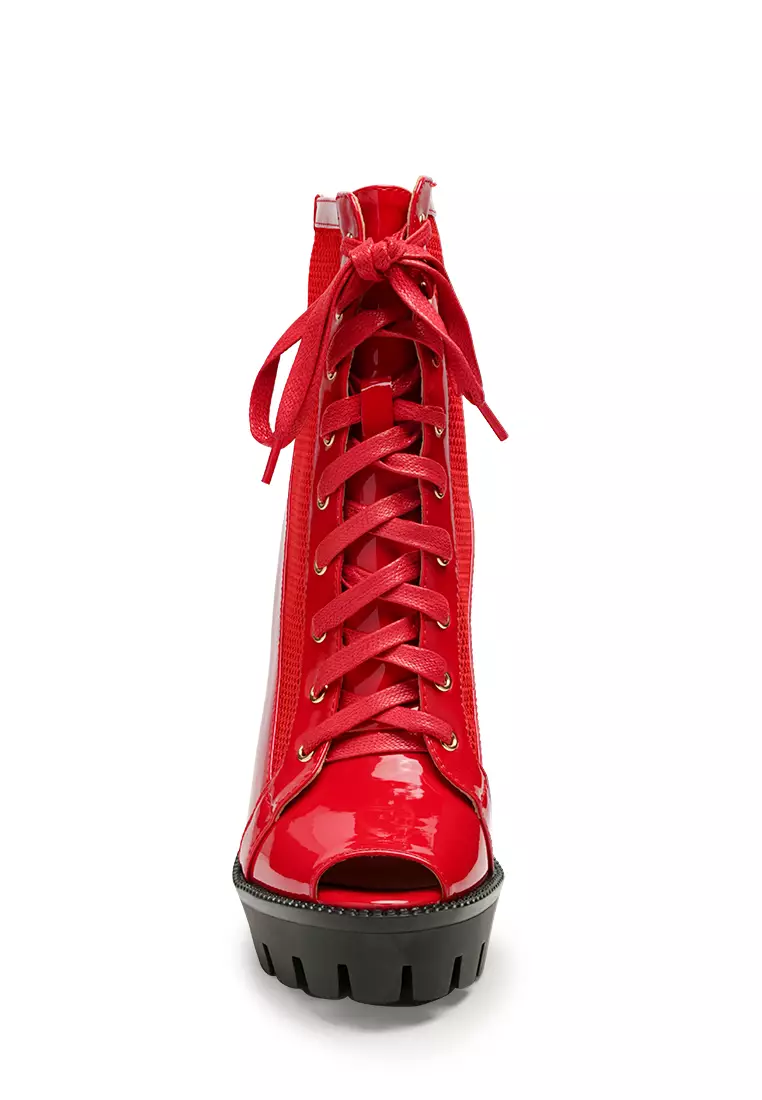 Peep Toe Lace-Up Booties in Red