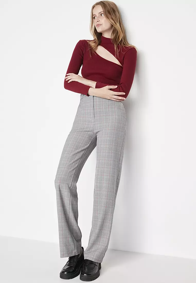 Buy Trendyol Checked Slim Fit Semi Formal Trousers In Navy